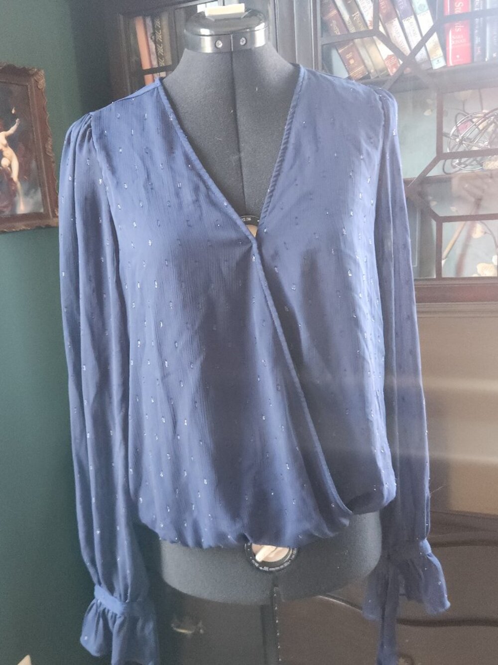 Autres Filles Navy Blue Sheer Clip-Dot Long Sleeve Tie Cuff Blouse
